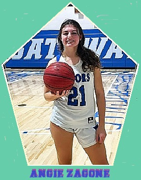 Angie Zagone, Gateway Regional High School player in New Jersey, posing with basktball in her white GATORS uniform. #21.