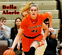 Image of Princeton's Bella Alarie, in orange uniform bringing basketball upcourt. Photo by Keith Nordstrom.