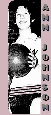 Ann Johnson, Rankin Rockette girls basketball player (North Carolina high school). From the Greensboro Daily News, Greensborom N.C., January 3, 1960. Uniform from shorts up, holding basketball.