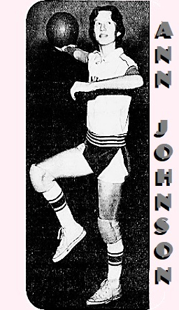 Ann Johnson, Rankin Rockette (North Carolina high school), right knee up, shooting a hook shot. From The Greensboro Record, Greensboro, North Carolina, March 5, 1959. Photo by Jack Moebes.