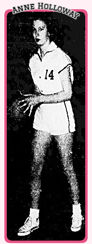Full nody image with basketball, standing, looking to pass, of #14, Anne Holloway, Chowan High School (North Carolina). From The News and Observer, Raleigh, N.C., February 21, 1954.
