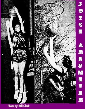 Two photos of Joyce Arnsmeyer, Missourian girls basketball player, Ashland High School. On the left is one of her up in the air shooting a jump shot, from The Columbia Daily Tribune, Columbia, Missouri, February 3, 1964, photo by Bill Clark. On the right, from the side, is her practicing outdoors, shooting high in the air, at the basket, with her right hand, facing left, from The Sunday Missourian, Columbia, Missouri, February 2, 1964.