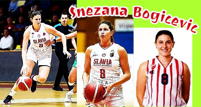 Three images of Snezana Bogicevic, Slovakian women's basketball player on the Slavia team from Banska Bystrica.  Number 8, shown dribbling ball upcourt, preparing to shoot a foul shot, and posing in her red and white vertical striped uniform. She scored 64 points in one game on 28 October, 2023.