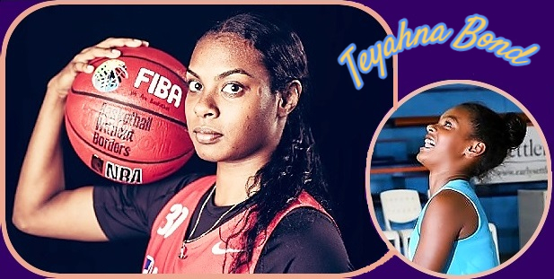 Images of Australian basketball player Teyahna Bond. She is shown holding basketball by her head with right arm in a red #37 uniform from perhaps National team and going up for shot in a blue uniform of Cairns team.
