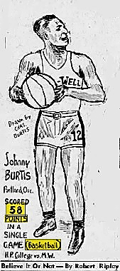 Drawing of basketball player Johnny Burtis, North Pacific College, drawn by Charles Burtis, from Believe It Or Not by Rovert Ripley (Copyright 1939), from The Lexington Herald, Lexington, Kentucky, October 2, 1939. Shows Burtis with ball, in uniform #12.