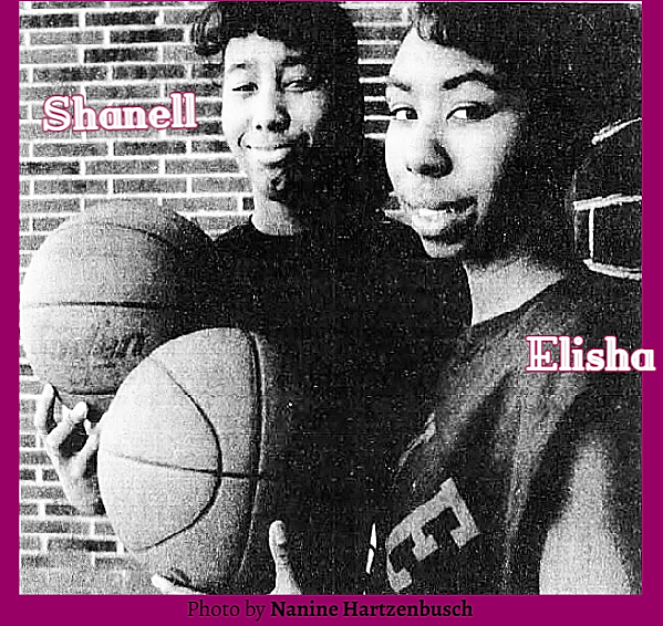 Image of sister basketball players, Shael (on left) and Elisha Carter, Eastern Tech (Baltimore), both holding basketballs. From The Sun, Baltimore, Maryland, January 19, 1997. Photo by Nanine Hartzenbusch..