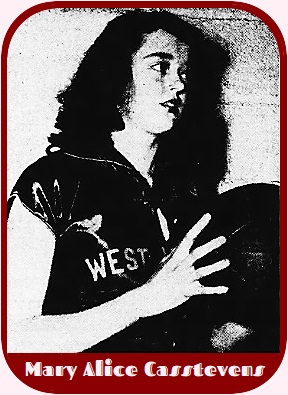 Photo of North Carolinian girls basketball player for West Yadkin High,  voew looking to our right, holding basketball, shown from arms up, WEST on uniform in view. From the Winston-Salem Journal, Winston-Salem, N.C., March 28, 1947.