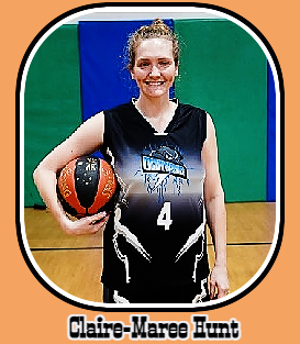 Image of women's basketball player Claire-Maree Hunt, Lightning team in the Darwin Basketball League, Australia. Shown in #4 uniform, posing with basketballl in right arm, crooked against boy.