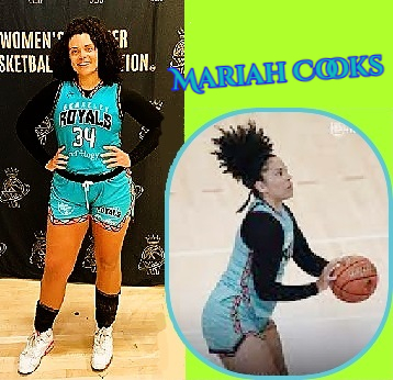 Two images of women's basketball player, Mariah Cooks, #4, Berkeley Royals of the WPBA (Women's Premier Basketball Association). Shown posing with hands on hips and one in profile of her shooting in same powder blue uniform, to the right, hair up in the air.