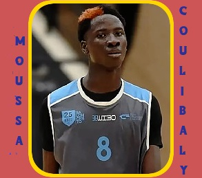 Image of Moussa Coulibaly, 14-year oold basketball player in Spain for the Realejos team in 2023. From uniform jersey up, #8.