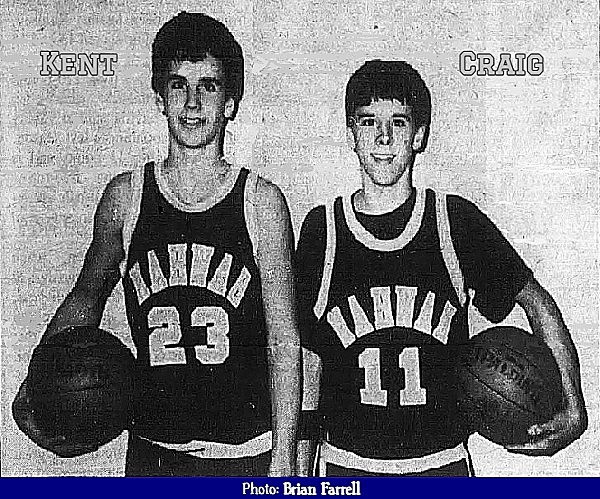 Photo of the Culuko brothers, Mahwah High School, New Jersey basketball player, standing side by side with balls on opposite hips, Kent Culuko, #23, on the left, Craig Culuko, #11, on the right. From the Sunday News, Ridgewood, N.J., February 26, 1989, photographer Brian Farrell.