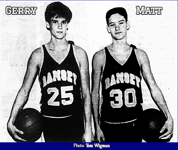 Photo of the Dey brothers, Ramsey High School, New Jersey basketball player, standing side by side with balls on opposite hips, Gerry Dey, #25, on the left, Matt Dey, #30, on the right. From the Sunday News, Ridgewood, N.J., February 26, 1989, photographer Tom Wigman.