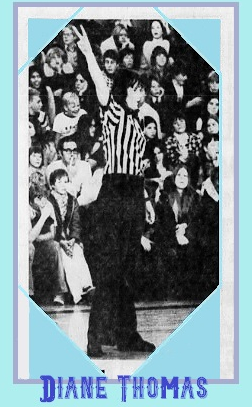 Diane Thomas, Pocattelo, Idaho calling a foul during a Minnesota junior high school basketball game. From the Spokane Daily Chronicle, Spokane, Washington, December 28, 1973.