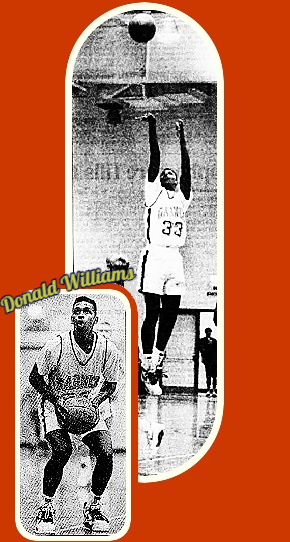 Images of North CCarolina boys basketball plaer Donald WIlliams, in his white #33 Garner jersey, crouched and ready to shoot. And a shot of him up in the air, #33, shooting a jump shot. From The News and Observer, Raleigh, North Carolina, February 28, 1991.