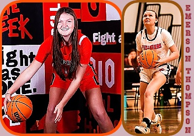 Two images of North Carolinian girls basketball player Emerson Thompson, Falls Lake Academy, one posing dribbling basketball facing camera n red uniform, the other in white FIREBIRDS uniform, running upcourt about to launch a long shot.