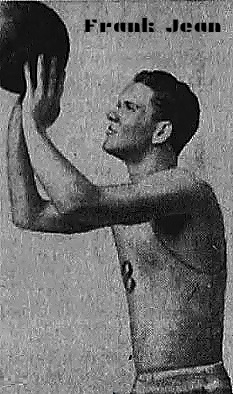 Image of basketball player Frank Jean, Hanover College, shooting a set-shot to our left. Uniform #8. From The Daily Argus-Leader, Sioux Falls, South Dakota, March 24, 1943.