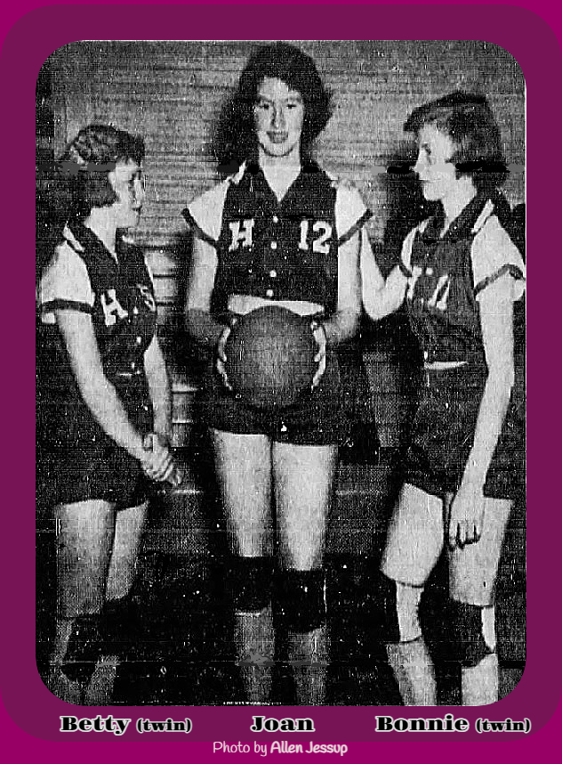 IImage of Gilreath sisters of Hiddenite High School, North Carolina. Twins Betty (on Left) and Bonnie (on right) with Joan in center. From the Winston-Salem Journal, Winston-Salem, N.C., Februar 9, 1953. Photo by Allen Jessup.