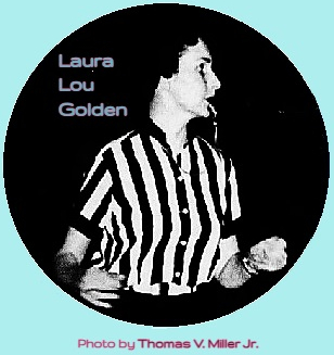 Referee Laura Lou Golden, Kentucky, whistle in mouth during a gane, facing to our right. From The Courier-Journal, Louisville, Kentucky, February 18, 1960, photographer Thomas V. Miller Jr.