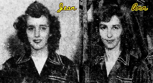 Images, cropped from team photo, of Jean Hagedorn (left) and Ann Hagedorn (right) 0f the independent circa 1950 girls basketball team, the Dumont Debs. From The Bergen Evening Record, Hackensak, New Jersey, March 29, 1950.
