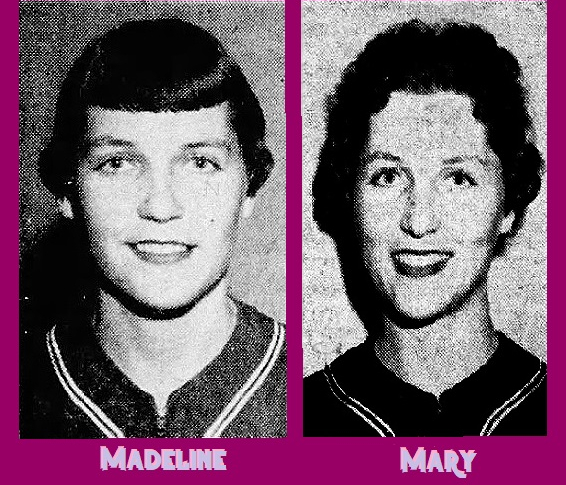 Portrait images of independent women's basketball players on a full court basketball team, the Hartman sisters, Madeline on the left and Mary on the right. Images from The New London Evening Day, New London, Connecticut. Madeline's from April 6, 1957, Mary's from January 25, 1958.
