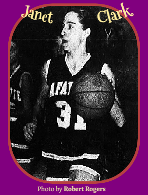 Cropped image of Janet Clark, #31, Lafayette High School, Missouri, bringing the basketball  upcourt in game she scored 51 points against Savannah High. From the St. Joseph Gazette, St. Joseph, Mo., February 12, 1985.