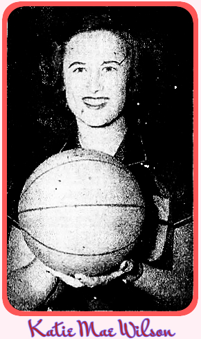 Image of North Carolinian girls basketball player Katie Mae Wilson, Goldston High School, smiling and holding basketball towards the camera. From the Greensboro Daily News, Greensboro, N.C., March 18, 1951.