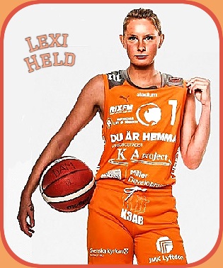 Piture of Australian basketball player Alexa (Lexi) Held, in bright orange uniform with white lettering, number 1 on jersey; holding basketball with right forearm against hip. plays for the North Gold Coast Seahawks in the NBL One Women Conference.