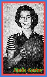Girl basketball player Linda Carter, Thomasville High School, North Carolina, in uniform with striped sleeves, holding ball. From  the Sunday Journal and Sentinel, Winston-Salem, N.C., March 31, 1957.