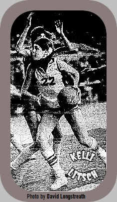 Action shot of Oklahoman basketball player Kelli Litsch, #22, driving to the basket on our left, guarded from behind. From The Daily Oklahoman, Oklahoma City, Okla., March 9, 1981. Photo by David Longstreath.