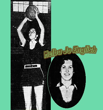 Images of Texan basketball girrl Melba Jo English, Wiskom High SSchool Wildcat, shown with ball above head about to shoot a two handed shot and a portrait. Images from the Marshall News Messenger, Marshall, Texas. The portrait, cropped from team photo, from March 6, 1964, the action shot from March 2, 1964.
