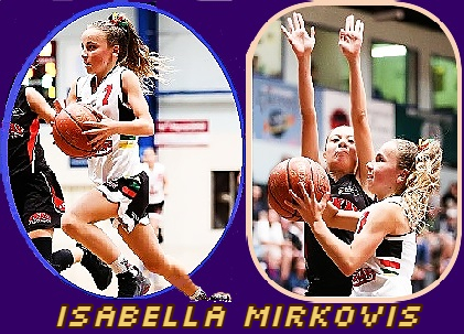 Images of Australian girls basketball player Isabella Mirkovis, JAguar #7, shown driving towards basket and about to shoot a shot while guarded.