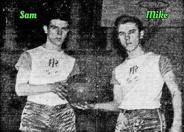 Picture of two Olisky brothers when playing for Athens Ingersoll-Rand (N.Y.). Sam on left, Mike on the right., both holding one basketball together/ From the Elmira Star-Gazette, Elmira, New York, March 10, 1946.
