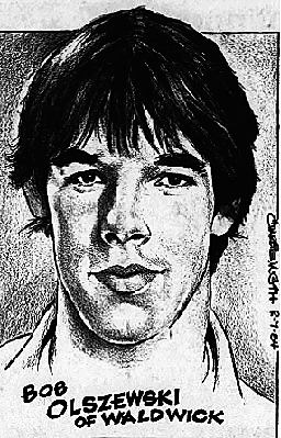 Caricature image of Bob Olszewski, Waldwick High School (New Jersey) basketball player. From The Record, Hackensack, N.J., February 7, 1984.