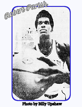 Robert Parish, Centenary Gent, shown in close up shooting a foul shot. From The Shreveport Times, Shreveport, Louisiana, December 23, 1972. Photograph by Billy Upshaw.