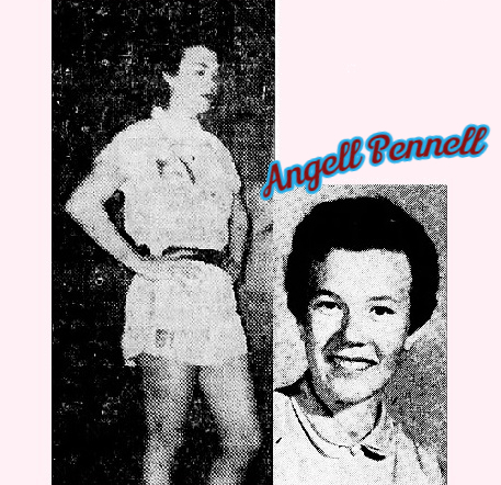 Images of Angell Pennell, Taylorsville High School basketball player in North Carolina. Standing facing right with hands on hip, from the Sunday Journal and Sentinel, January 20, 1957, and portrait, same newspaper, March 27, 1955.