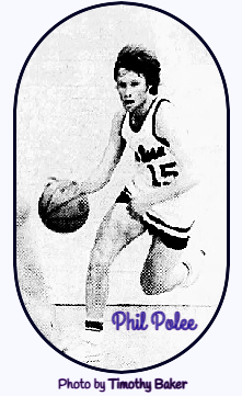 Phil Polee, Caada College basketball player, number 15, bringing ball upcourt. From The Press Democrat, Santa Rosa, California, February 17, 1977. Photo by Timothy Baker.