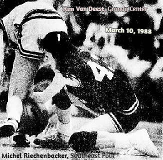 Image from March 10, 1988 playoff game showiingNichel Reichenbacker, Southeast Polk High School, going underneath Grundy Center's Kim Van Deest to steal the baasketball, SE Polk won 66-64. From The Des Moines Register, Des Moines, Iowa, 3/11/1988.