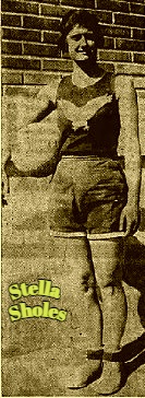 Image of Stella Sholes in Stratton Eagles (AAU) uniform with big white eagle on front, standing with basketball under right arm. From The Wichita Sunday Eagle, Wichita, Kansas, March 25, 1934.