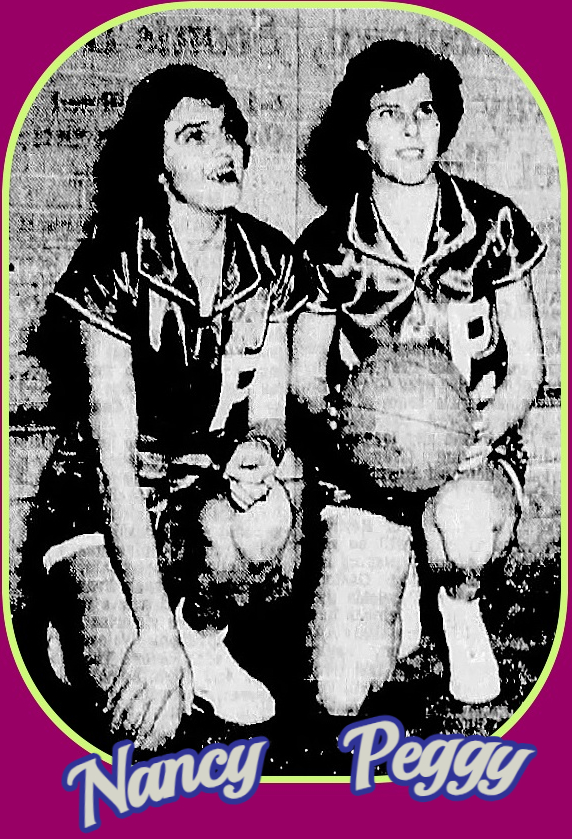 Basketball playing sisters, Nancy Sink (left) and Peggy Sink (right), kneeling in satin uniforms with a big P for Pilot High School (North Carolina) Looking up, Peggy with basketball, Nancy with right hand on right knee. From the January 20, 1952 Sunday Journal and Sentonel, Winston-Salem, N.C.