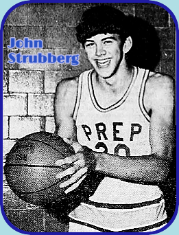 Boys basketball player John Strubberg, St. Henry Prep, Illinois, posing with ball, in white PREP uniform #20. From the Belleville News-Democrat, Belleville, Ill., February 9, 1972.
