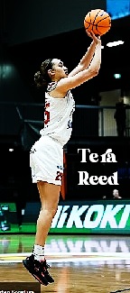 Profile image of Tera Reed, basketball player on Finland's Pyrinto team, shooting a jump shot to our right.From basket.fi .