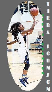 Image of girls basketball player Teira Johnson, Kent County High School, Maryland, up in air shooting a jump shot to our right.