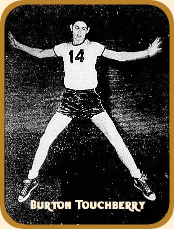 Image of South Carolinian boys basketball player Burton Toucchberry, Dentsville High School,up in the air, legs and arms spread in uniform number 14. From The Columbia Record, Columbia, S.C., January 19, 1952.