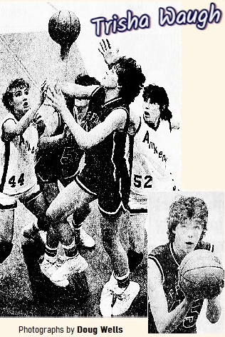 Iowa girls basketball player Trisha Waugh, Jefferson High School, going up for a one-handed layup over two Ankeny HS defenders, as well as shown gauging a foul shot attempt. Both from the Des Moines Sunday Register, Des Moine, Ia., December 27, 1987. Photographs by Doug Wells.