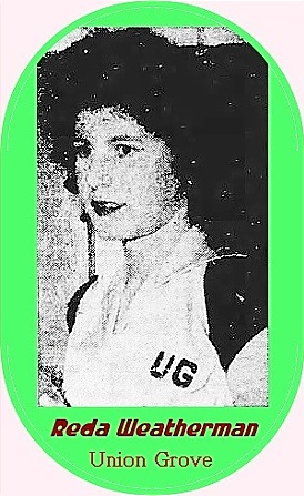 Image of Reda Weatherman, girl basketball player for Union Grove High School, North Carolina, late 1940ss.  view facing to our left, uniform monogrammed 'UG'. From the Sunday Journal and Sentinel, Winston-Salem, N.C., February 22, 1948.