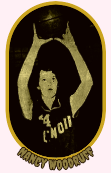 Image of Nancy Woodruff, Lenoir High School girls basketball player in North CArolina, holding ball over her head.From The Charlotte Observer, Charlotte, N.C., January 16, 1955.