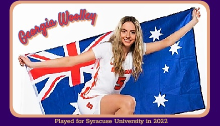 Image of Australian basketball player Georgia Woolley, shown in 2022 in Syracuse University  uniform #5, holding an Australian flag behind her, right knee up.
