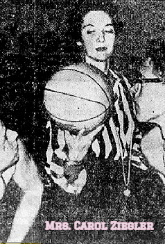 Image of Mrs. Caol Zigler, female referee of Iowa boys basketball, 1959-60. Shown about to throw up a center jump ball. From the Sunday Courier and Press, Evansville, Indiana, December 27, 1959.