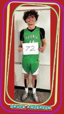 Bruce Anderson, Phoenix Christian High School (Arizona), #44 in gren jersey, holding up a 72 sign after he scored 72 points in one game, January 19, 2024.