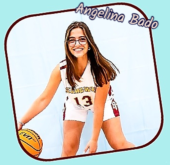 Calfornian girls basketball player Angelina Bado, #13 on the Ocean View High School Seahawks team, posing in white uniform, basketball in right hand, bent over in position, with  circular eyeglasses.